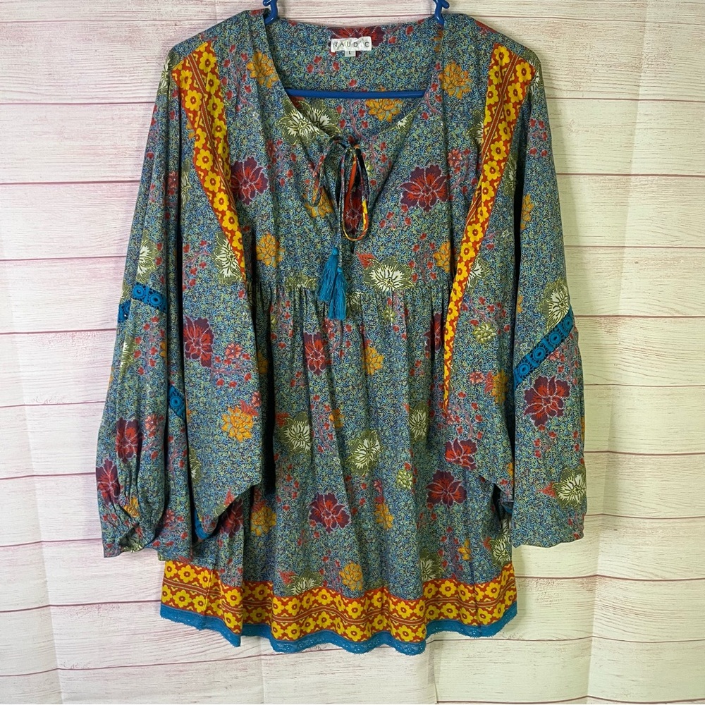 Naudic Azure floral Bohemian Style 100% Cotton Tase Tie Neckline Tunic Large‎
